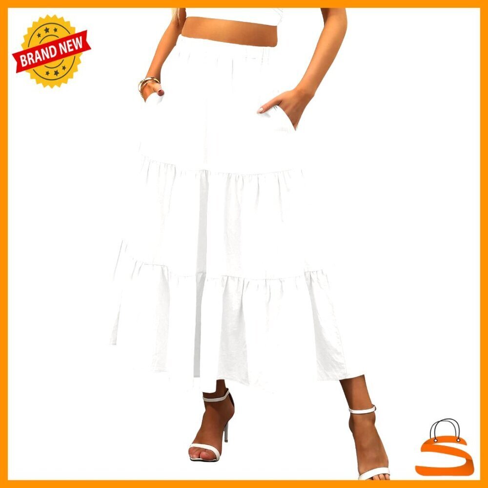 Boho Flowy Swing Tiered Maxi Skirt Elastic Waist Rayon Summer Beach